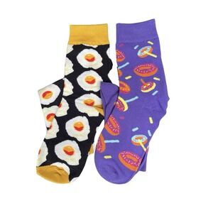 Colorful, Fun Novelty Socks For Women- 2 Pair Set Eggs & Doughnuts‎ Trendy  NEW